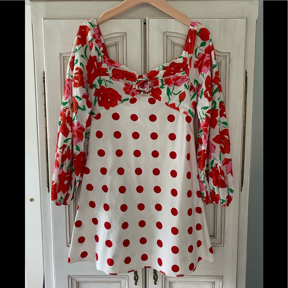RIXO Polka Dot Rose Mini Dress, XS